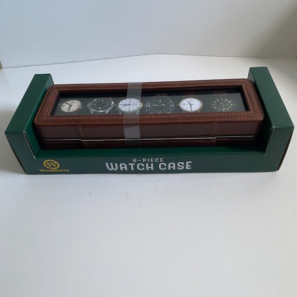 NEW Woodburry Men’s Six Slot 6 Piece Brown Faux Leather Watch Case Holder Box - Picture 3 of 6